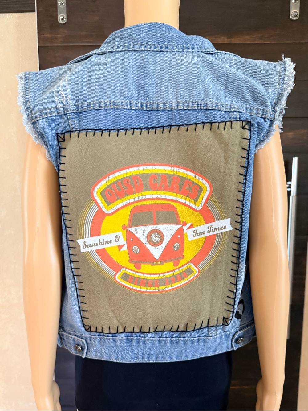 Upcycled OUSD Cares Denim Vest Size Juniors XXL